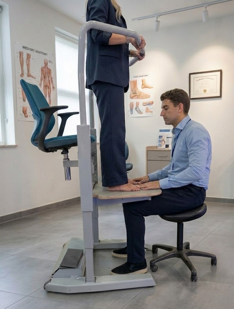 Dezelfde cliënt staat op het Orthostand-platform; de voet zakt door onder het volle lichaamsgewicht terwijl hij wordt onderzocht.