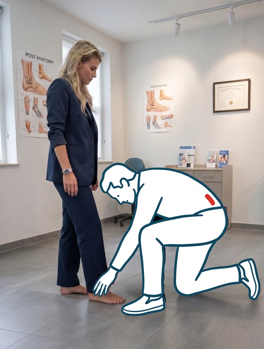 Een specialist die geknield en voorovergebogen over de voet van een staande cliënt werkt, met de onderrug gemarkeerd als belastingspunt