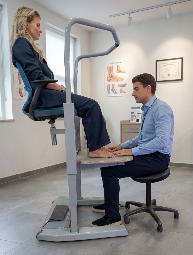 Een cliënt zit in een geheven stoel met de voeten vrij hangend; de voet wordt onderzocht zonder lichaamsgewicht te dragen.