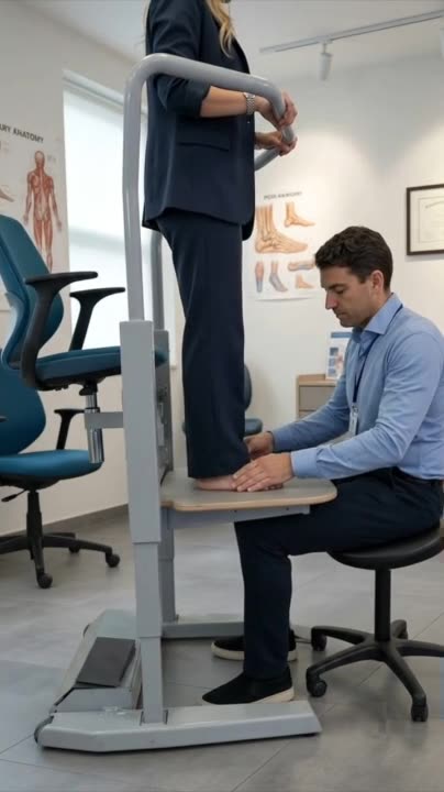 Een specialist zit naast het verhoogde platform van een Orthostand, met zijn handen op het platform, en werkt aan de voet van een cliënt die erop staat, rechtop en zonder te bukken.